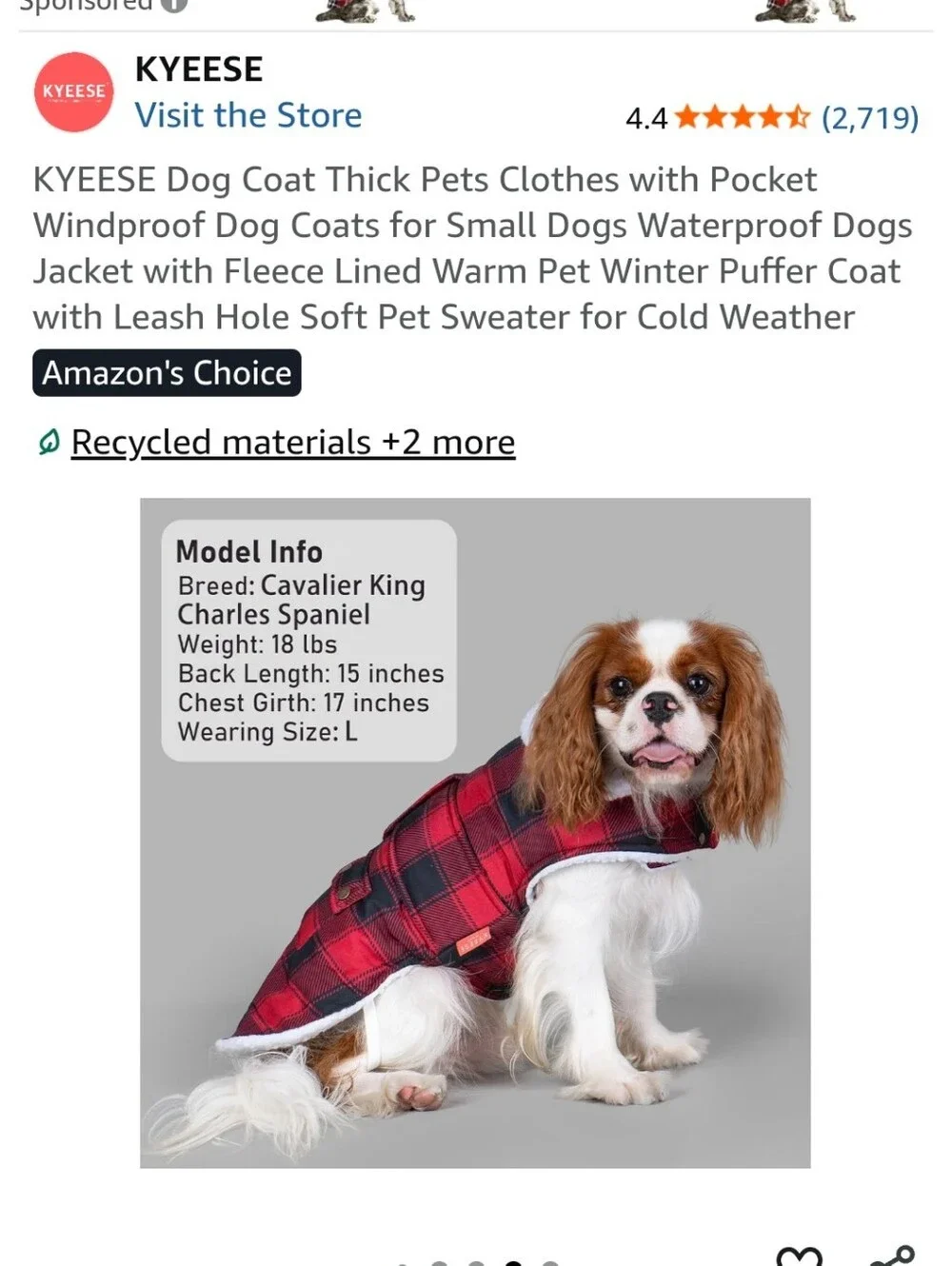Kyeese Red Plaid Waterproof Dog Coat with Fleece Lining Very Warm New Size Large